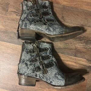 freebird Snakeskin-Print Ankle Boots in Black and Gray